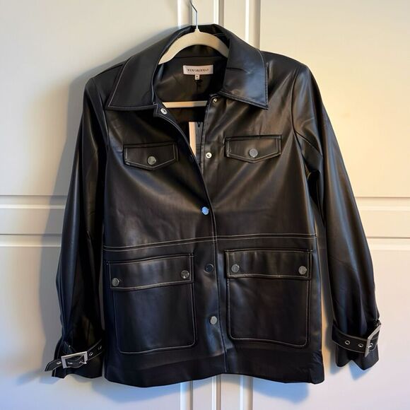 NWT WeWoreWhat Vegan Leather Western Jacket. In black with white stitching.  Siz - Picture 5 of 15